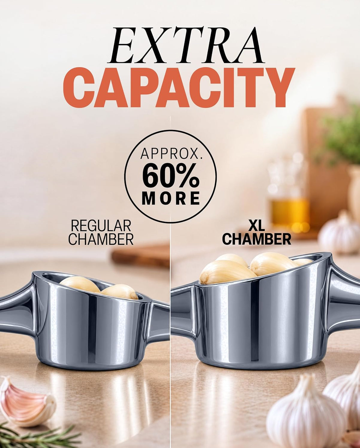 Large Premium Garlic Press Set - Bigger Bowl for Bigger Garlic - Rust Proof Garlic Mincer Tool - Easy-Squeeze, Easy-Clean Silicone Garlic Peeler & Brush (Silver)