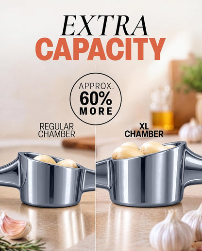 Large Premium Garlic Press Set - Bigger Bowl for Bigger Garlic - Rust Proof Garlic Mincer Tool - Easy-Squeeze, Easy-Clean Silicone Garlic Peeler & Brush (Silver)