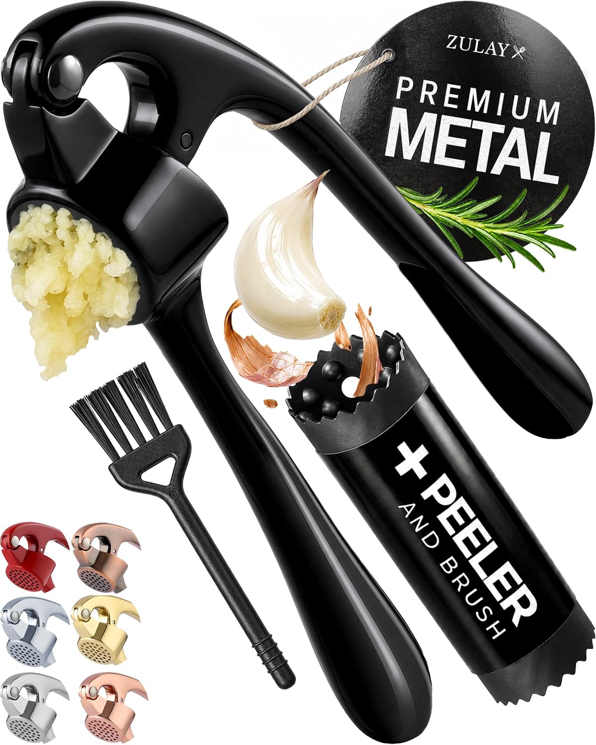 Large Premium Garlic Press Set - Bigger Bowl for Bigger Garlic - Rust Proof Garlic Mincer Tool - Easy-Squeeze, Easy-Clean Silicone Garlic Peeler & Brush (Silver)
