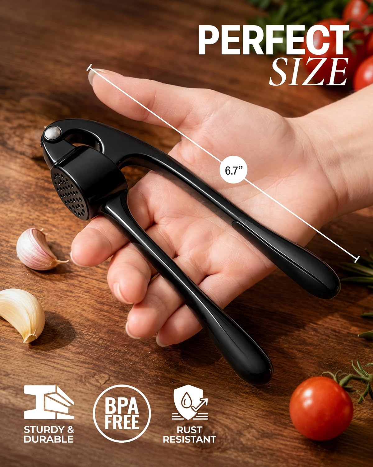 Large Premium Garlic Press Set - Bigger Bowl for Bigger Garlic - Rust Proof Garlic Mincer Tool - Easy-Squeeze, Easy-Clean Silicone Garlic Peeler & Brush (Silver)