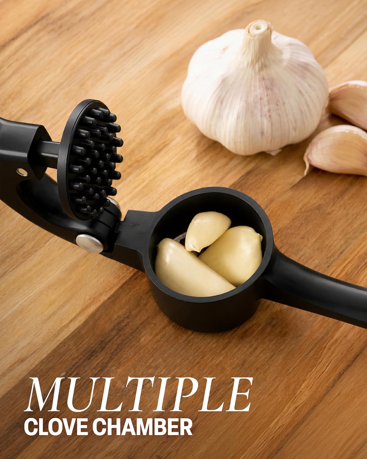 Large Premium Garlic Press Set - Bigger Bowl for Bigger Garlic - Rust Proof Garlic Mincer Tool - Easy-Squeeze, Easy-Clean Silicone Garlic Peeler & Brush (Silver)