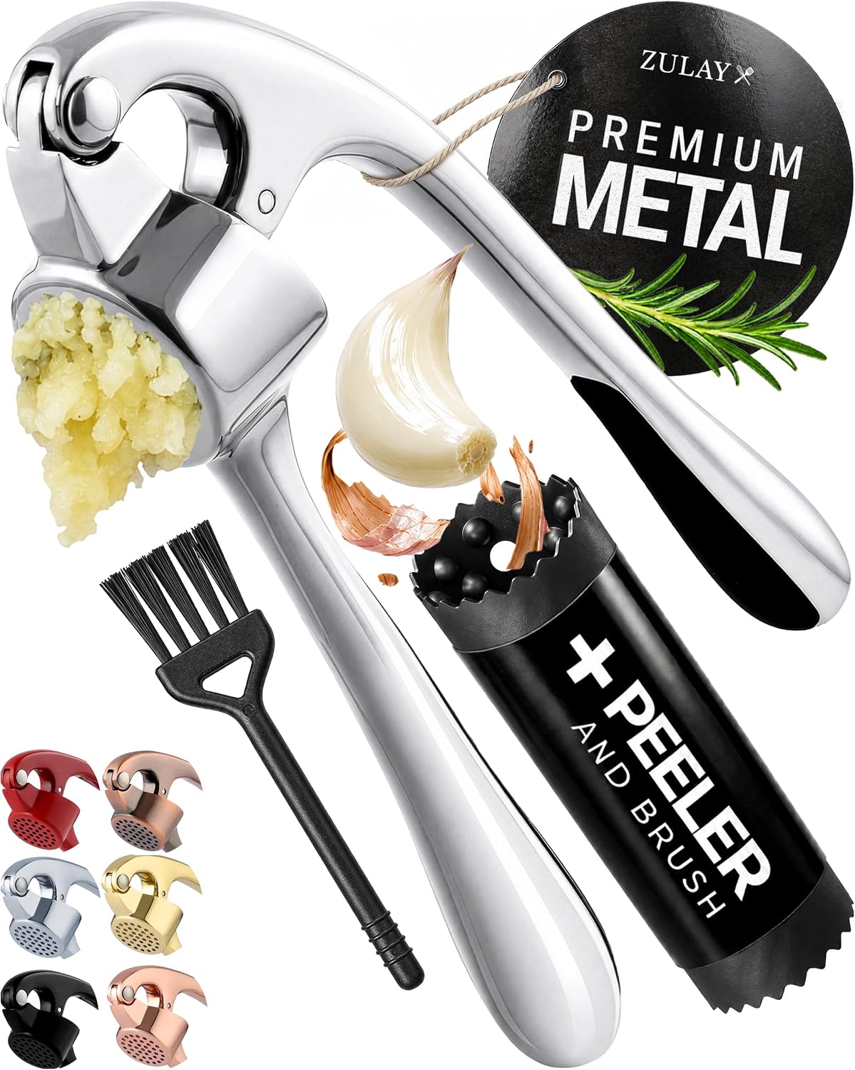Large Premium Garlic Press Set - Bigger Bowl for Bigger Garlic - Rust Proof Garlic Mincer Tool - Easy-Squeeze, Easy-Clean Silicone Garlic Peeler & Brush (Silver)