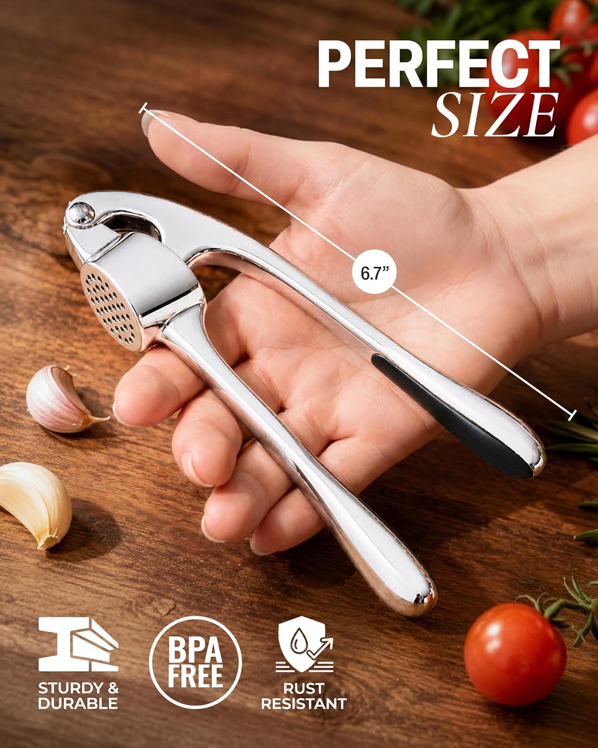 Large Premium Garlic Press Set - Bigger Bowl for Bigger Garlic - Rust Proof Garlic Mincer Tool - Easy-Squeeze, Easy-Clean Silicone Garlic Peeler & Brush (Silver)