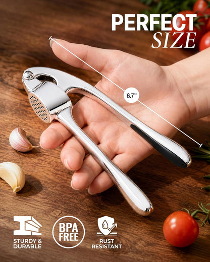 Large Premium Garlic Press Set - Bigger Bowl for Bigger Garlic - Rust Proof Garlic Mincer Tool - Easy-Squeeze, Easy-Clean Silicone Garlic Peeler & Brush (Silver)