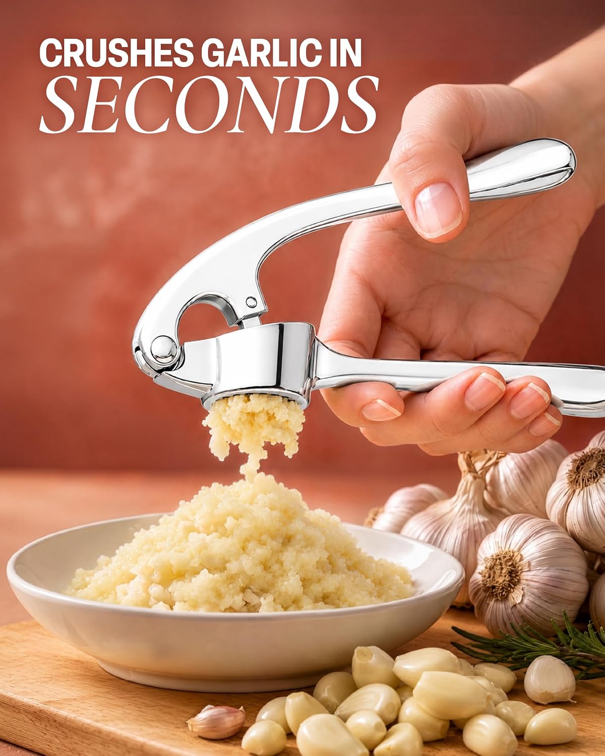 Large Premium Garlic Press Set - Bigger Bowl for Bigger Garlic - Rust Proof Garlic Mincer Tool - Easy-Squeeze, Easy-Clean Silicone Garlic Peeler & Brush (Silver)