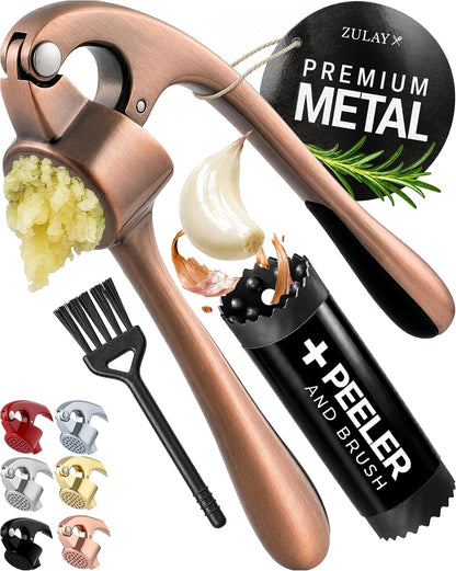 Large Premium Garlic Press Set - Bigger Bowl for Bigger Garlic - Rust Proof Garlic Mincer Tool - Easy-Squeeze, Easy-Clean Silicone Garlic Peeler & Brush (Silver)