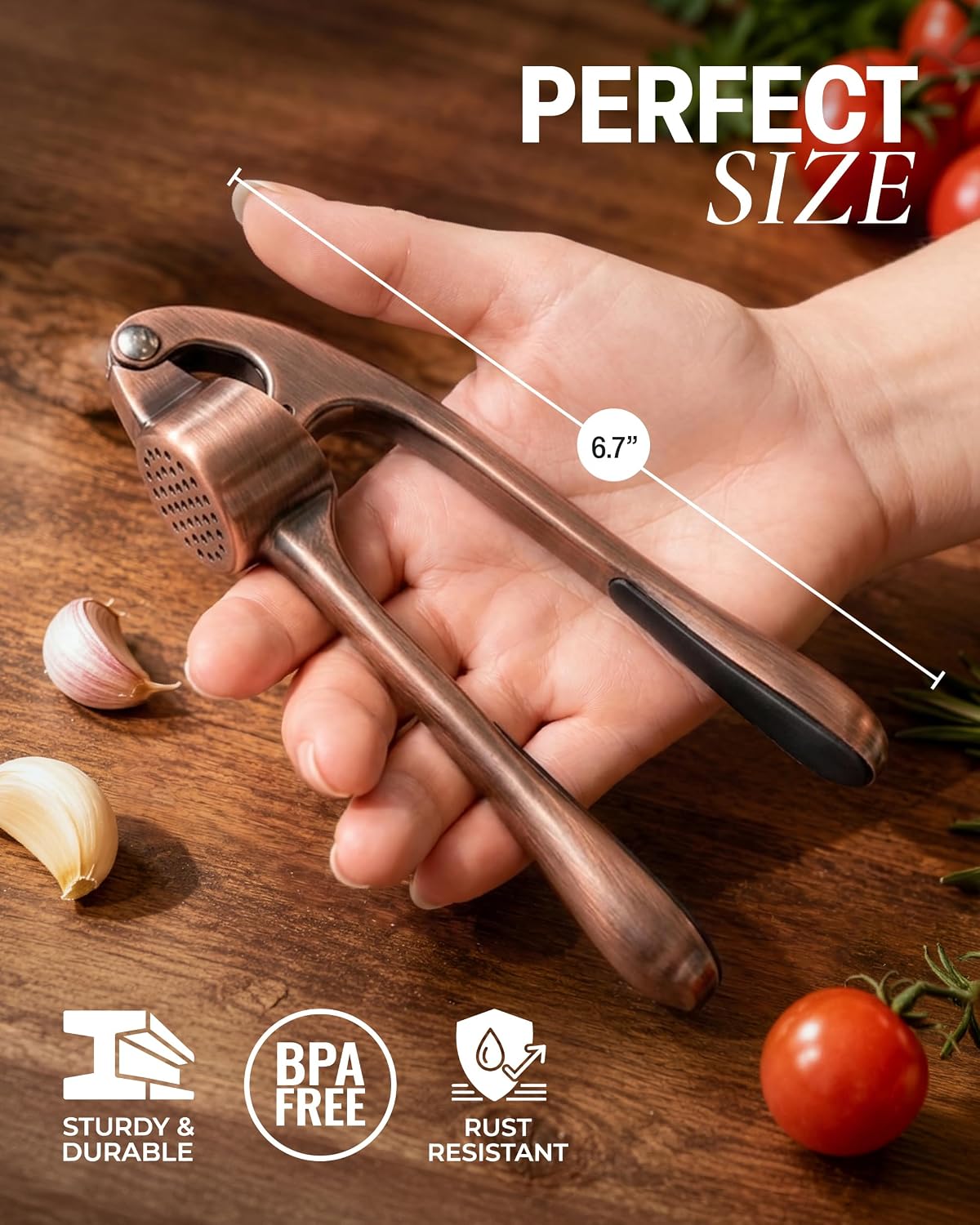 Large Premium Garlic Press Set - Bigger Bowl for Bigger Garlic - Rust Proof Garlic Mincer Tool - Easy-Squeeze, Easy-Clean Silicone Garlic Peeler & Brush (Silver)