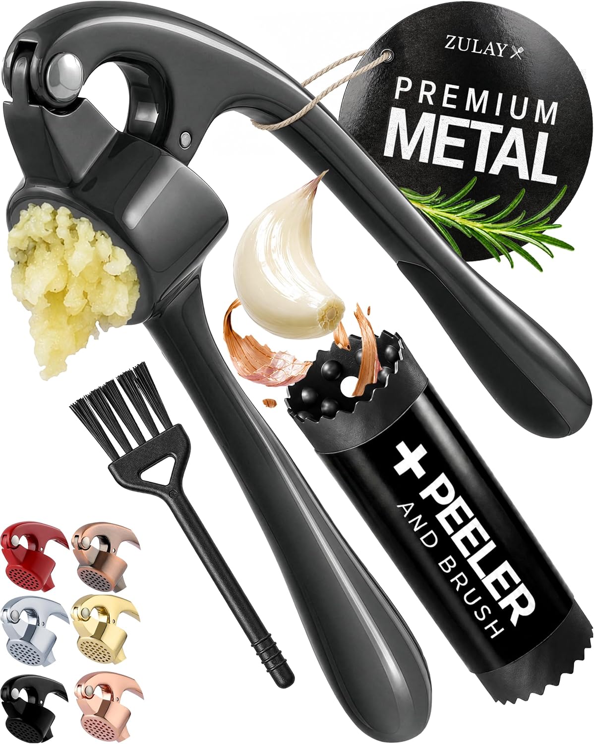 Large Premium Garlic Press Set - Bigger Bowl for Bigger Garlic - Rust Proof Garlic Mincer Tool - Easy-Squeeze, Easy-Clean Silicone Garlic Peeler & Brush (Silver)