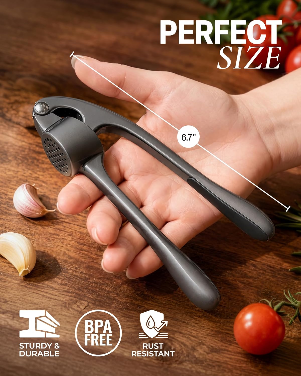 Large Premium Garlic Press Set - Bigger Bowl for Bigger Garlic - Rust Proof Garlic Mincer Tool - Easy-Squeeze, Easy-Clean Silicone Garlic Peeler & Brush (Silver)