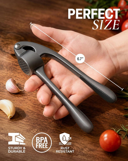 Large Premium Garlic Press Set - Bigger Bowl for Bigger Garlic - Rust Proof Garlic Mincer Tool - Easy-Squeeze, Easy-Clean Silicone Garlic Peeler & Brush (Silver)