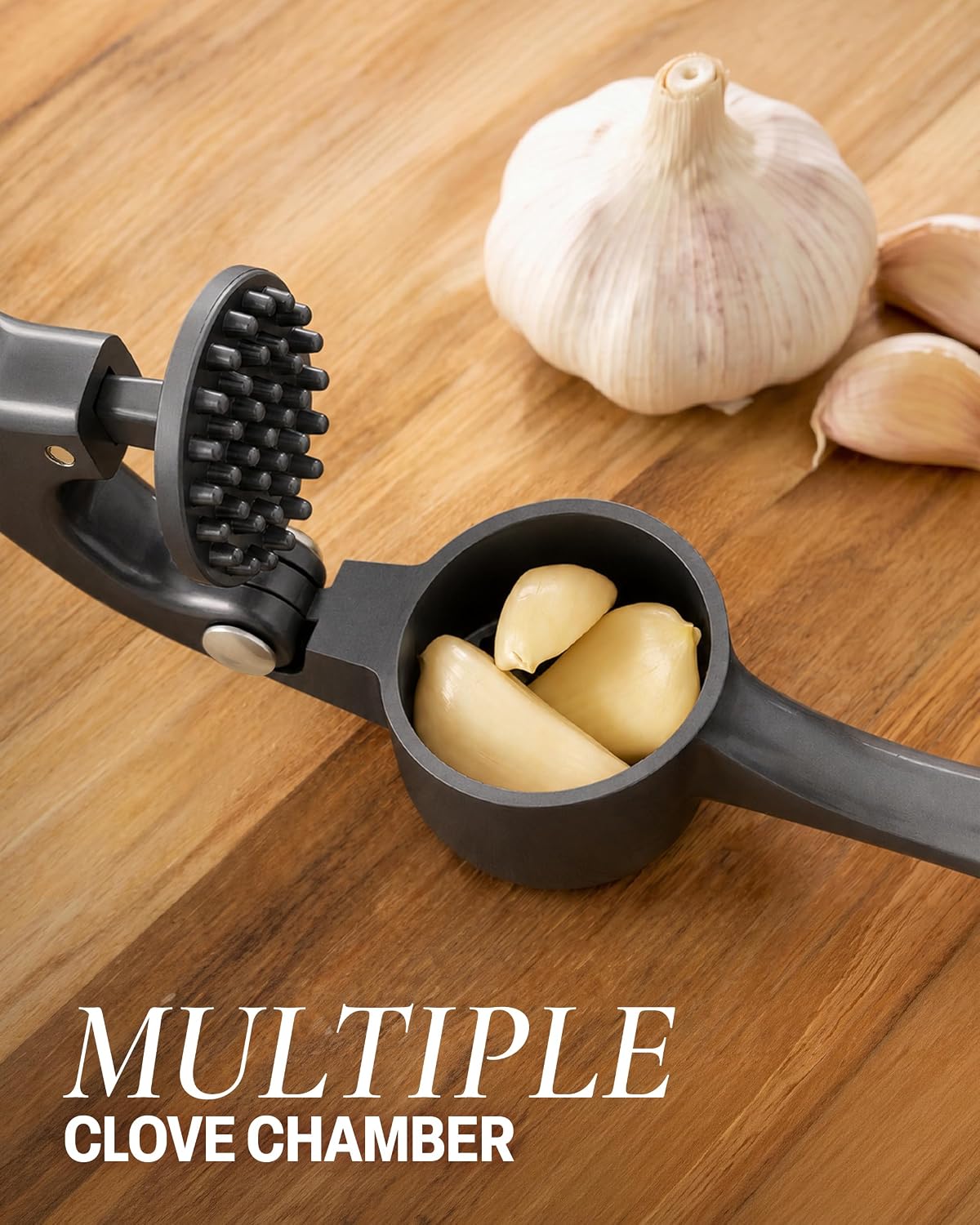 Large Premium Garlic Press Set - Bigger Bowl for Bigger Garlic - Rust Proof Garlic Mincer Tool - Easy-Squeeze, Easy-Clean Silicone Garlic Peeler & Brush (Silver)