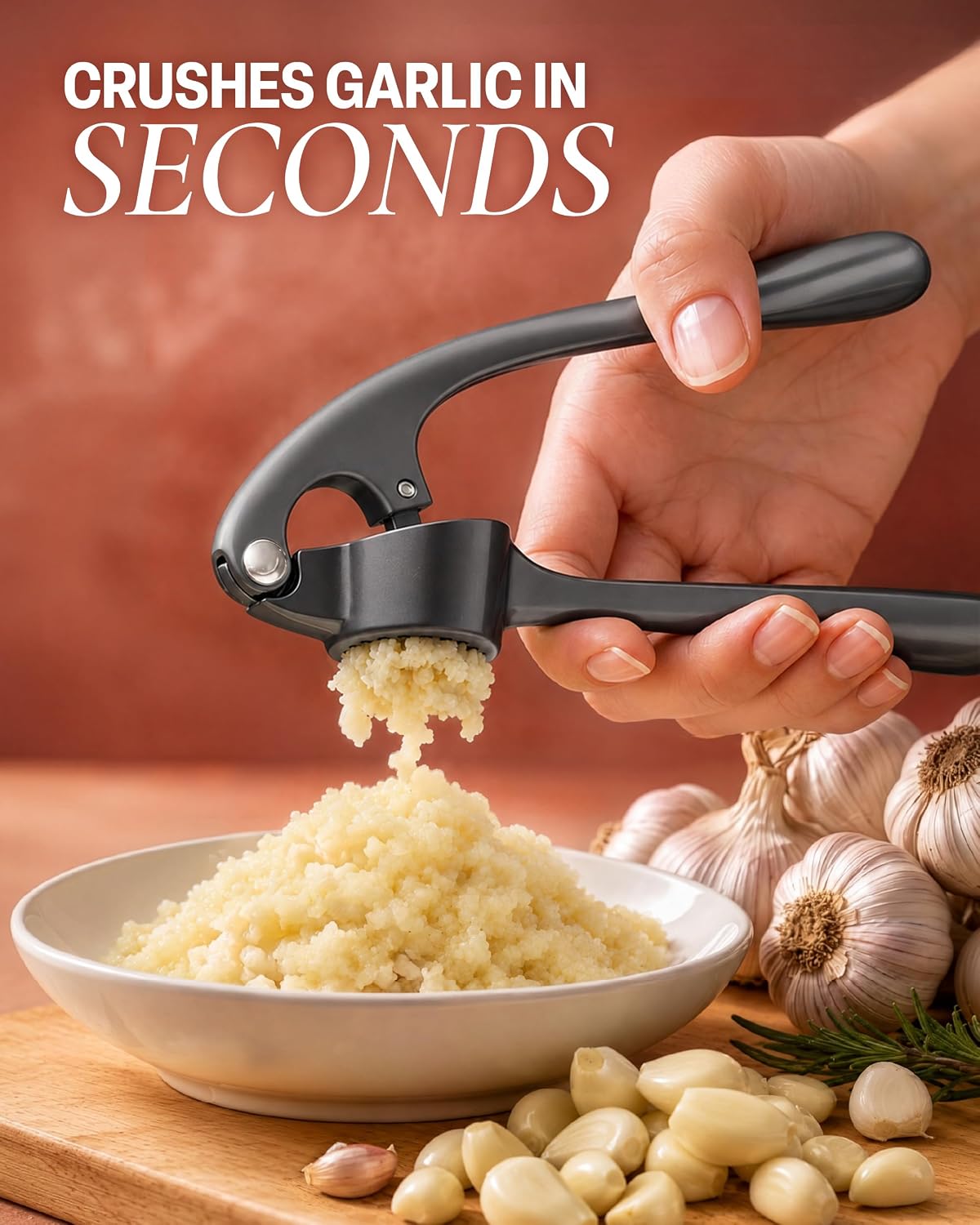 Large Premium Garlic Press Set - Bigger Bowl for Bigger Garlic - Rust Proof Garlic Mincer Tool - Easy-Squeeze, Easy-Clean Silicone Garlic Peeler & Brush (Silver)