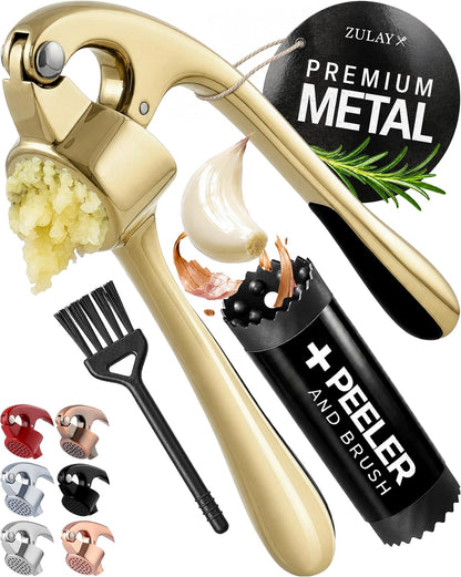 Large Premium Garlic Press Set - Bigger Bowl for Bigger Garlic - Rust Proof Garlic Mincer Tool - Easy-Squeeze, Easy-Clean Silicone Garlic Peeler & Brush (Silver)