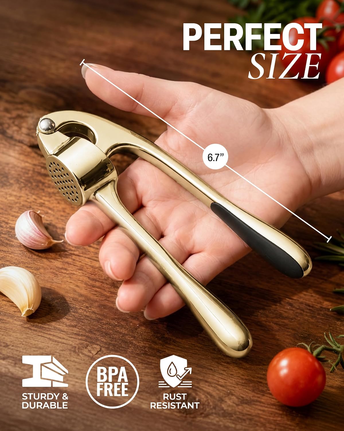 Large Premium Garlic Press Set - Bigger Bowl for Bigger Garlic - Rust Proof Garlic Mincer Tool - Easy-Squeeze, Easy-Clean Silicone Garlic Peeler & Brush (Silver)