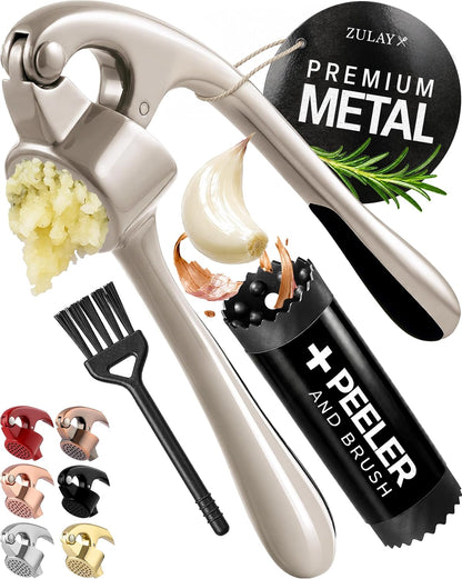 Large Premium Garlic Press Set - Bigger Bowl for Bigger Garlic - Rust Proof Garlic Mincer Tool - Easy-Squeeze, Easy-Clean Silicone Garlic Peeler & Brush (Silver)