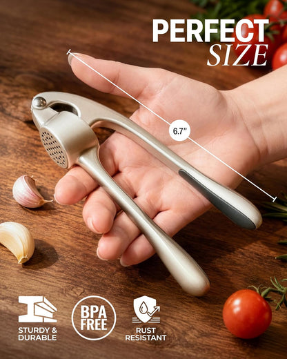 Large Premium Garlic Press Set - Bigger Bowl for Bigger Garlic - Rust Proof Garlic Mincer Tool - Easy-Squeeze, Easy-Clean Silicone Garlic Peeler & Brush (Silver)