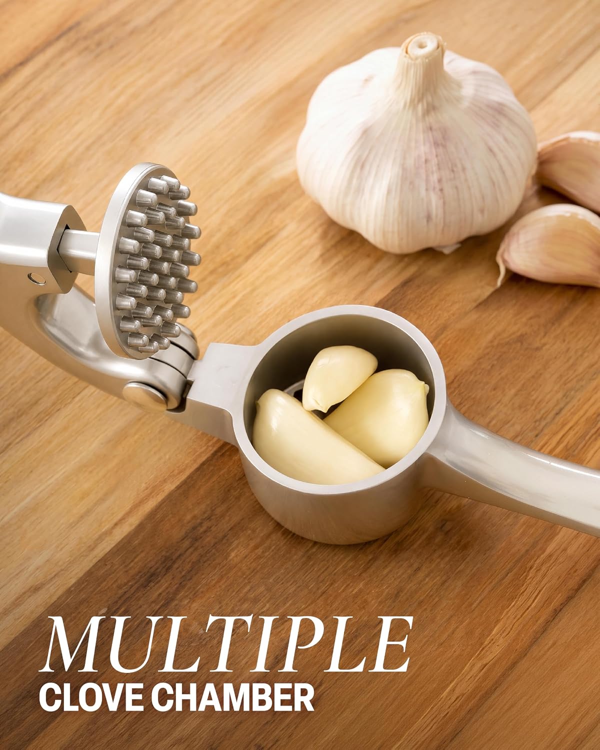 Large Premium Garlic Press Set - Bigger Bowl for Bigger Garlic - Rust Proof Garlic Mincer Tool - Easy-Squeeze, Easy-Clean Silicone Garlic Peeler & Brush (Silver)