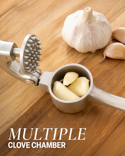 Large Premium Garlic Press Set - Bigger Bowl for Bigger Garlic - Rust Proof Garlic Mincer Tool - Easy-Squeeze, Easy-Clean Silicone Garlic Peeler & Brush (Silver)
