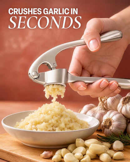 Large Premium Garlic Press Set - Bigger Bowl for Bigger Garlic - Rust Proof Garlic Mincer Tool - Easy-Squeeze, Easy-Clean Silicone Garlic Peeler & Brush (Silver)
