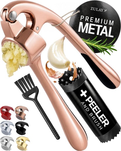 Large Premium Garlic Press Set - Bigger Bowl for Bigger Garlic - Rust Proof Garlic Mincer Tool - Easy-Squeeze, Easy-Clean Silicone Garlic Peeler & Brush (Silver)