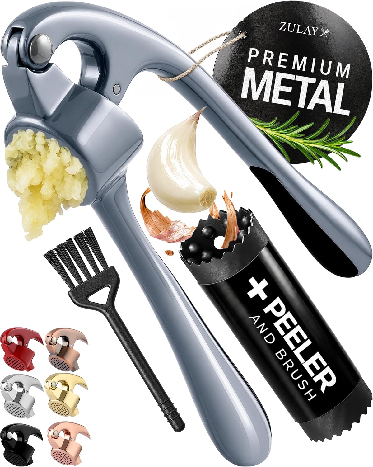 Large Premium Garlic Press Set - Bigger Bowl for Bigger Garlic - Rust Proof Garlic Mincer Tool - Easy-Squeeze, Easy-Clean Silicone Garlic Peeler & Brush (Silver)