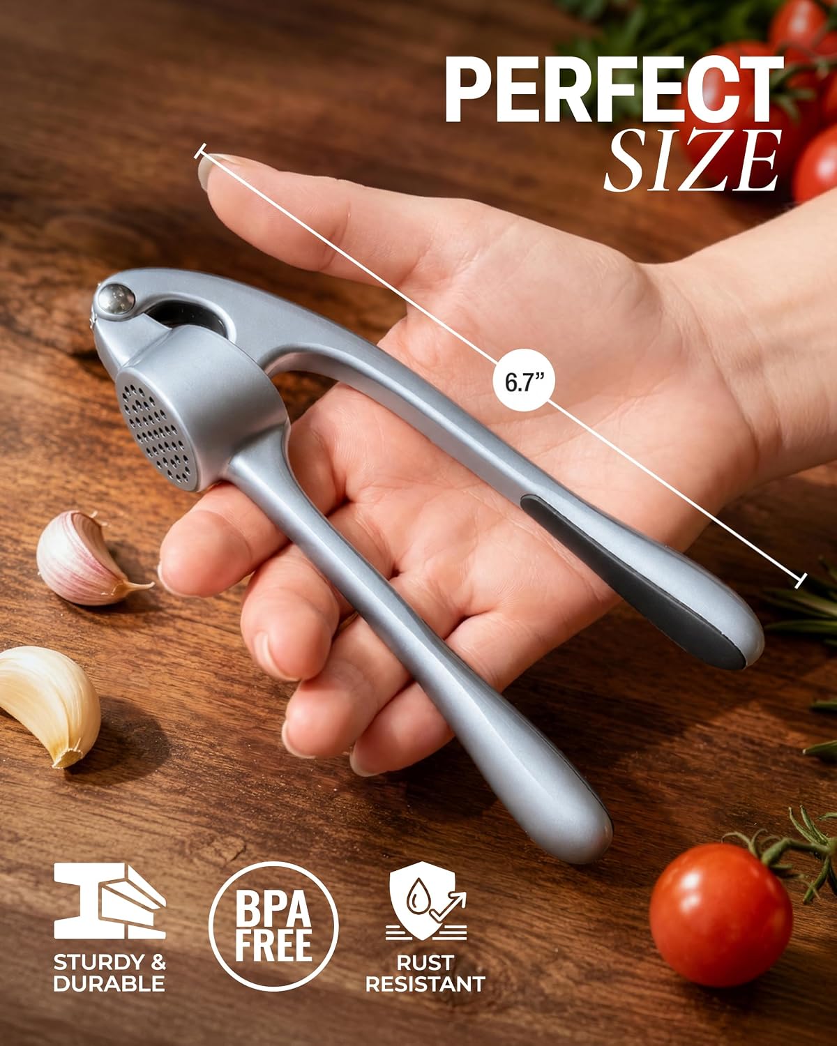 Large Premium Garlic Press Set - Bigger Bowl for Bigger Garlic - Rust Proof Garlic Mincer Tool - Easy-Squeeze, Easy-Clean Silicone Garlic Peeler & Brush (Silver)