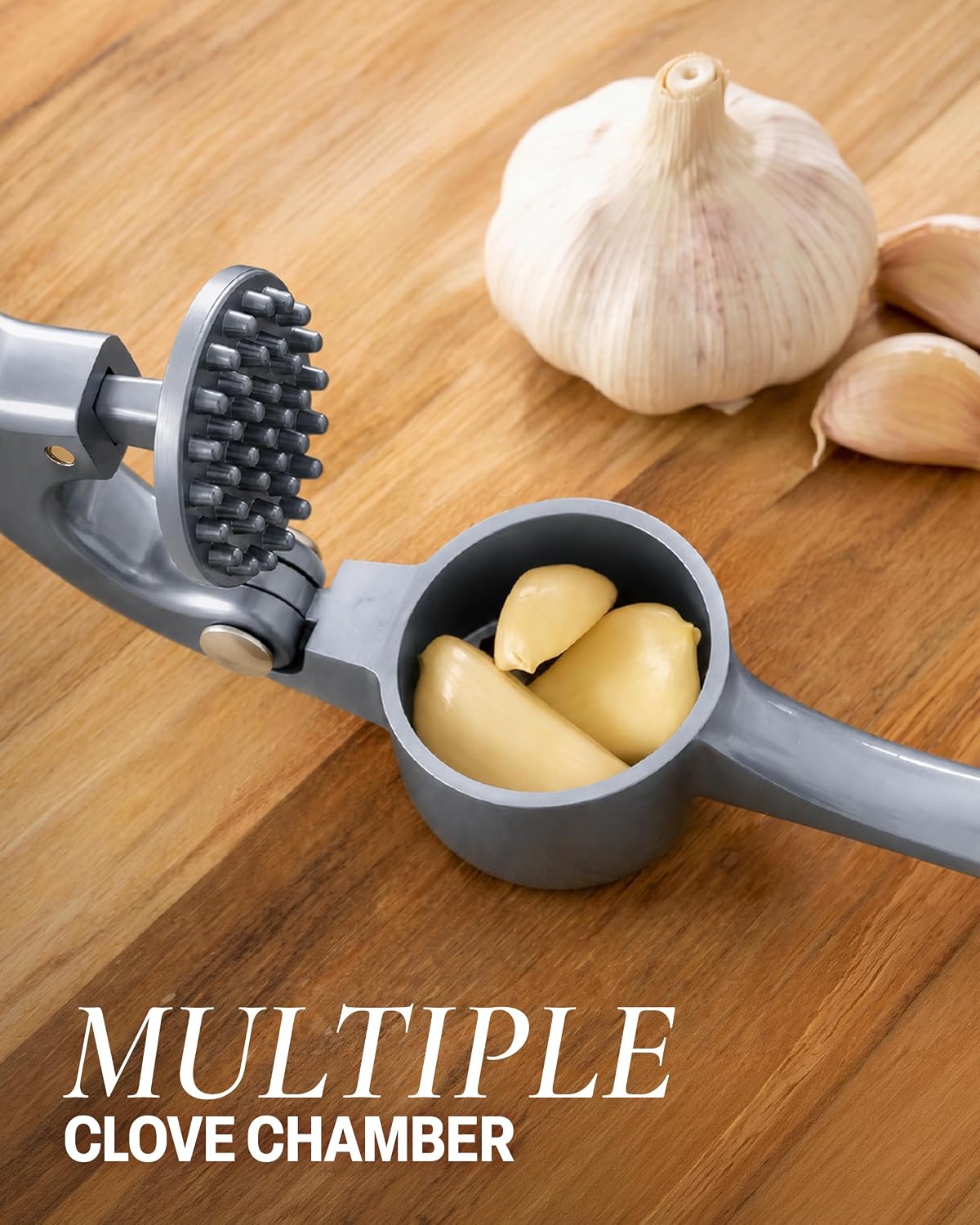 Large Premium Garlic Press Set - Bigger Bowl for Bigger Garlic - Rust Proof Garlic Mincer Tool - Easy-Squeeze, Easy-Clean Silicone Garlic Peeler & Brush (Silver)
