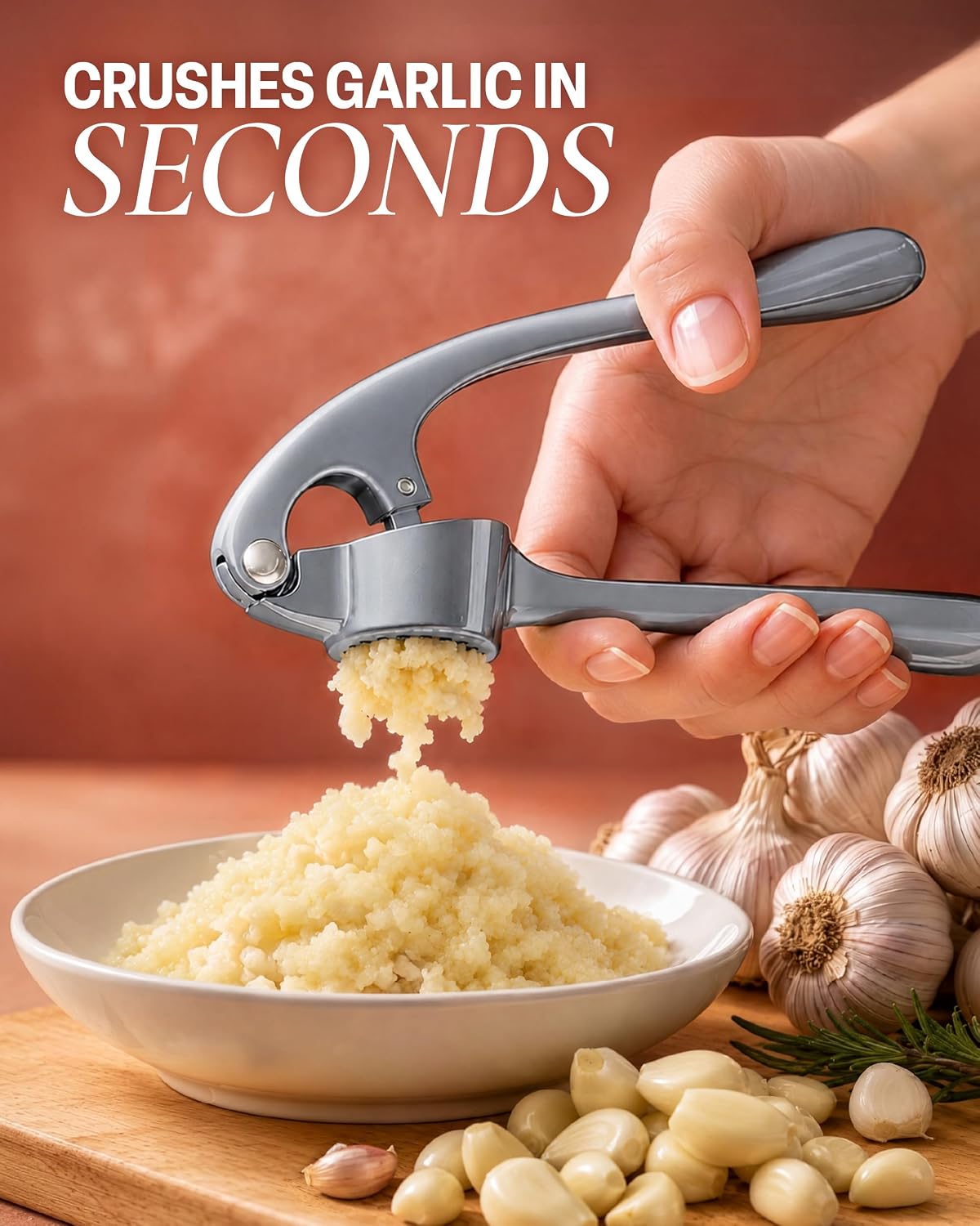 Large Premium Garlic Press Set - Bigger Bowl for Bigger Garlic - Rust Proof Garlic Mincer Tool - Easy-Squeeze, Easy-Clean Silicone Garlic Peeler & Brush (Silver)