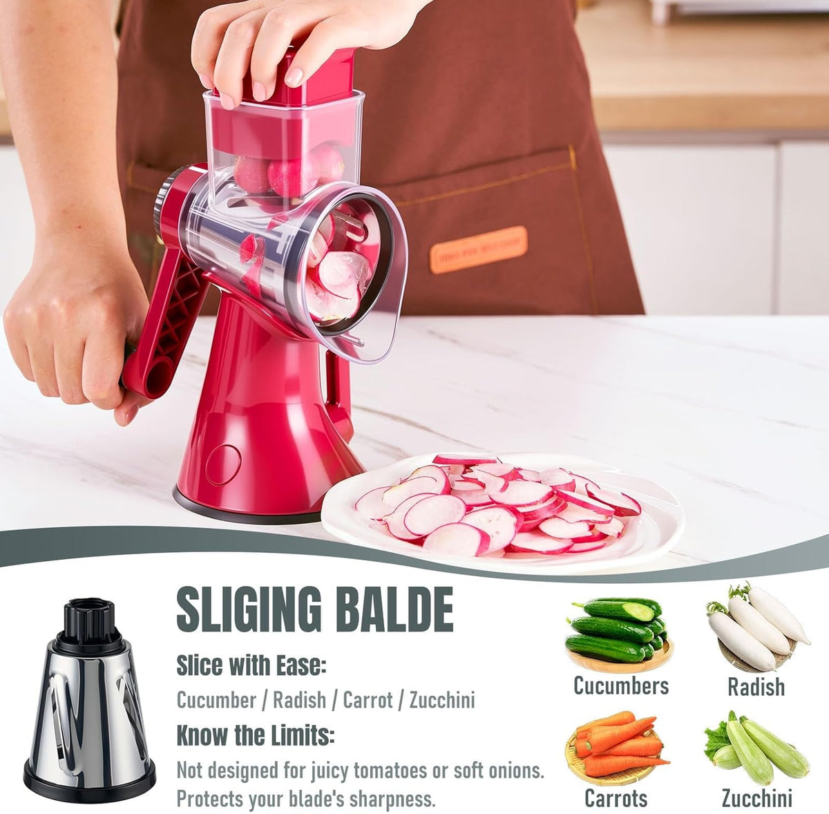 Cheese Grater Hand Crank,Rotary Slicer with 3 Stainless Steel Blades