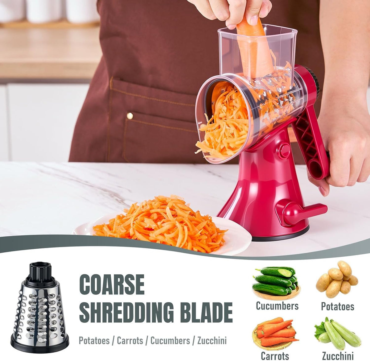 Cheese Grater Hand Crank,Rotary Slicer with 3 Stainless Steel Blades