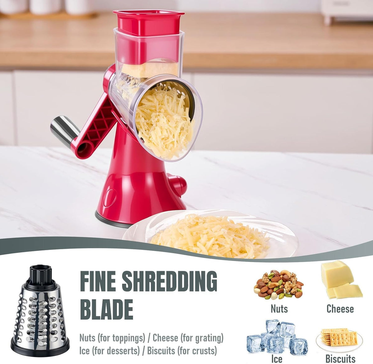 Cheese Grater Hand Crank,Rotary Slicer with 3 Stainless Steel Blades