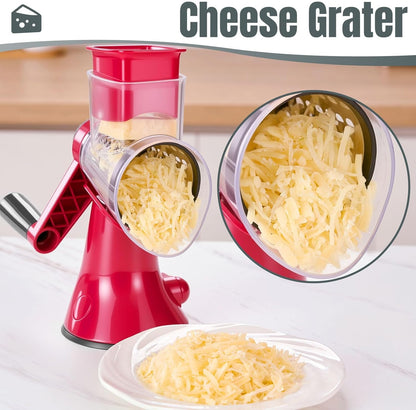 Cheese Grater Hand Crank,Rotary Slicer with 3 Stainless Steel Blades