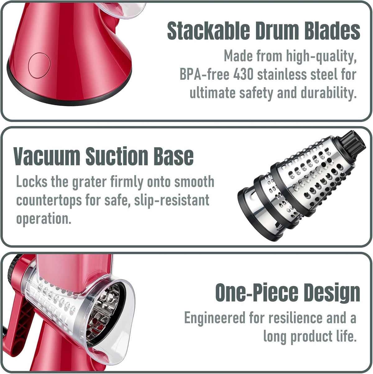 Cheese Grater Hand Crank,Rotary Slicer with 3 Stainless Steel Blades