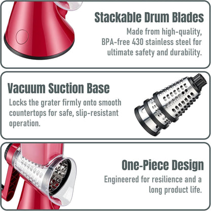 Cheese Grater Hand Crank,Rotary Slicer with 3 Stainless Steel Blades
