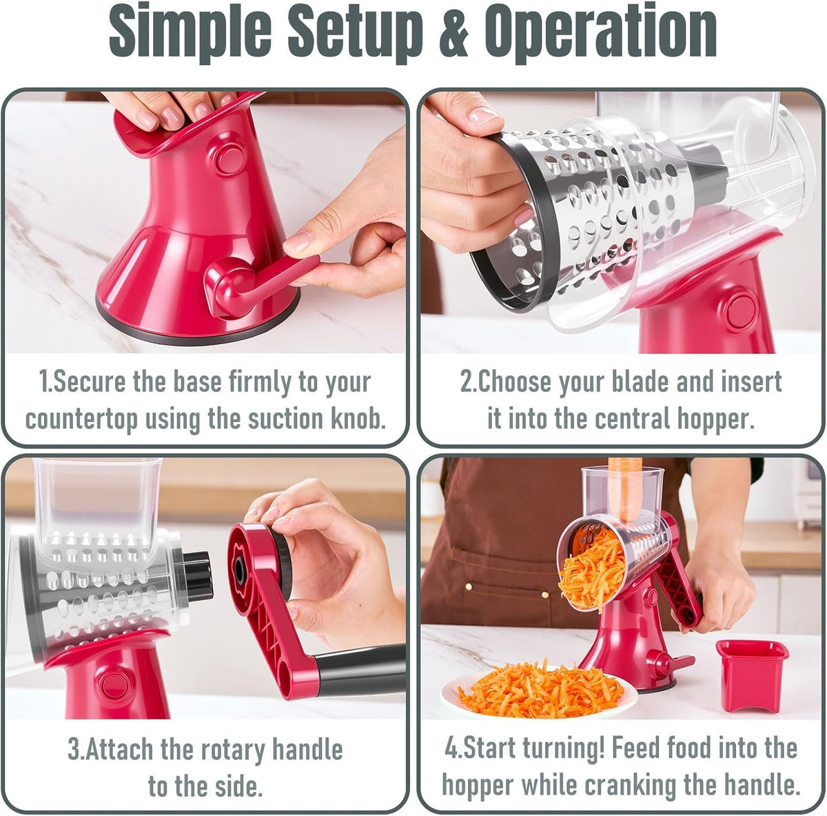 Cheese Grater Hand Crank,Rotary Slicer with 3 Stainless Steel Blades
