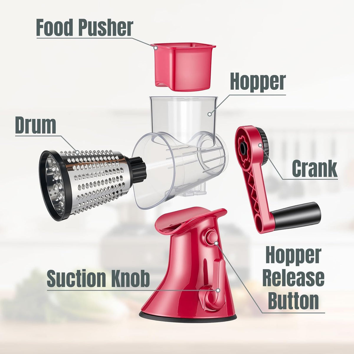 Cheese Grater Hand Crank,Rotary Slicer with 3 Stainless Steel Blades
