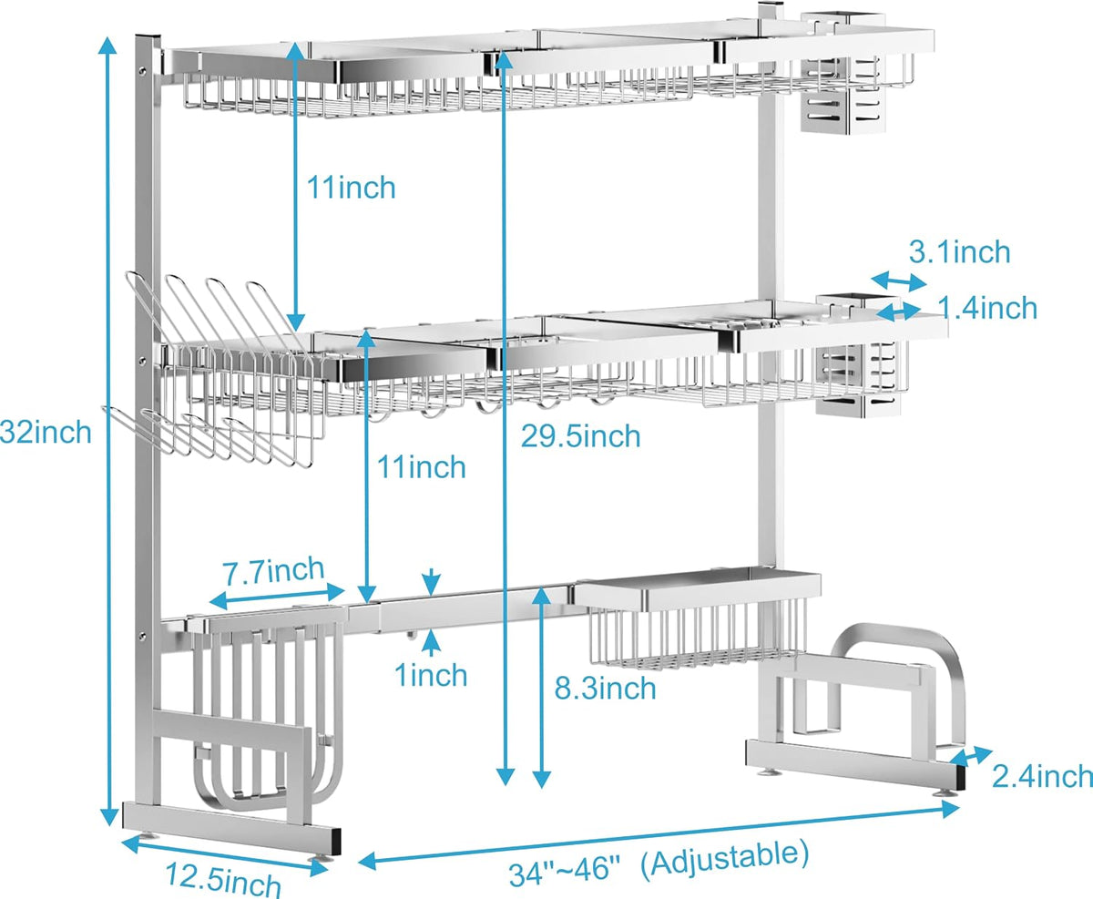 Over Sink Dish Drying Rack Stainless Steel, Adjustable Large Dish Drainer for Storage Kitchen Organization Silver 3 Tier - Standard(34"-46")
