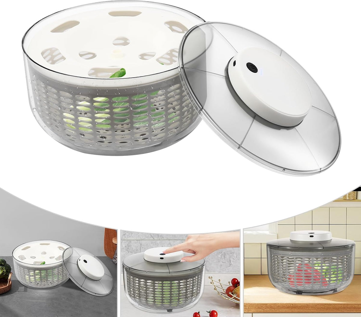 Electric Salad Spinner Round Gray Vegetable Spinn 1.59 Gallon/6 L Capacity Fruit Washer Dryer Ideal Kitchen Tool for Fast Wash, Spin & Dry Fresh Greens