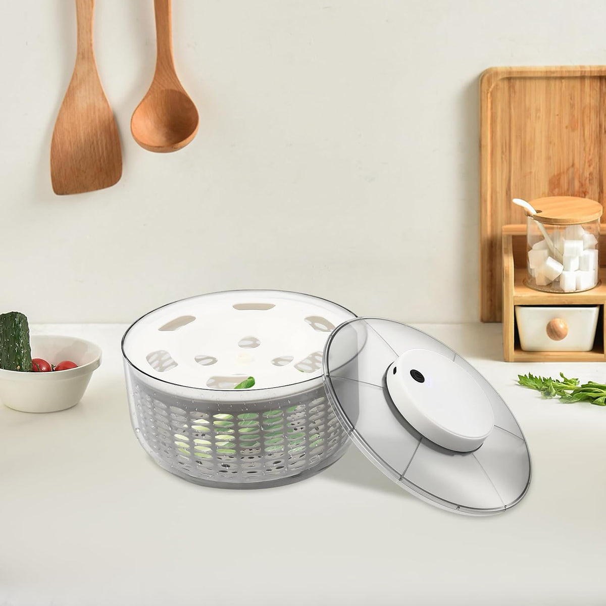 Electric Salad Spinner Round Gray Vegetable Spinn 1.59 Gallon/6 L Capacity Fruit Washer Dryer Ideal Kitchen Tool for Fast Wash, Spin & Dry Fresh Greens