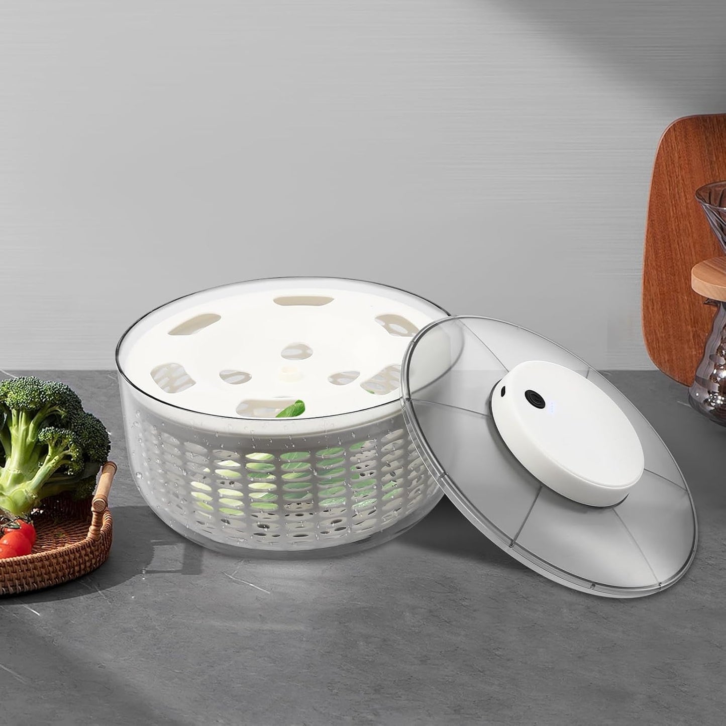Electric Salad Spinner Round Gray Vegetable Spinn 1.59 Gallon/6 L Capacity Fruit Washer Dryer Ideal Kitchen Tool for Fast Wash, Spin & Dry Fresh Greens