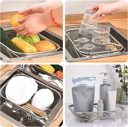 upgrade over the sink mesh colander expandable strainer stainless steel vegetable basket for kitchen sink (40 * 13 * 6.5cm)