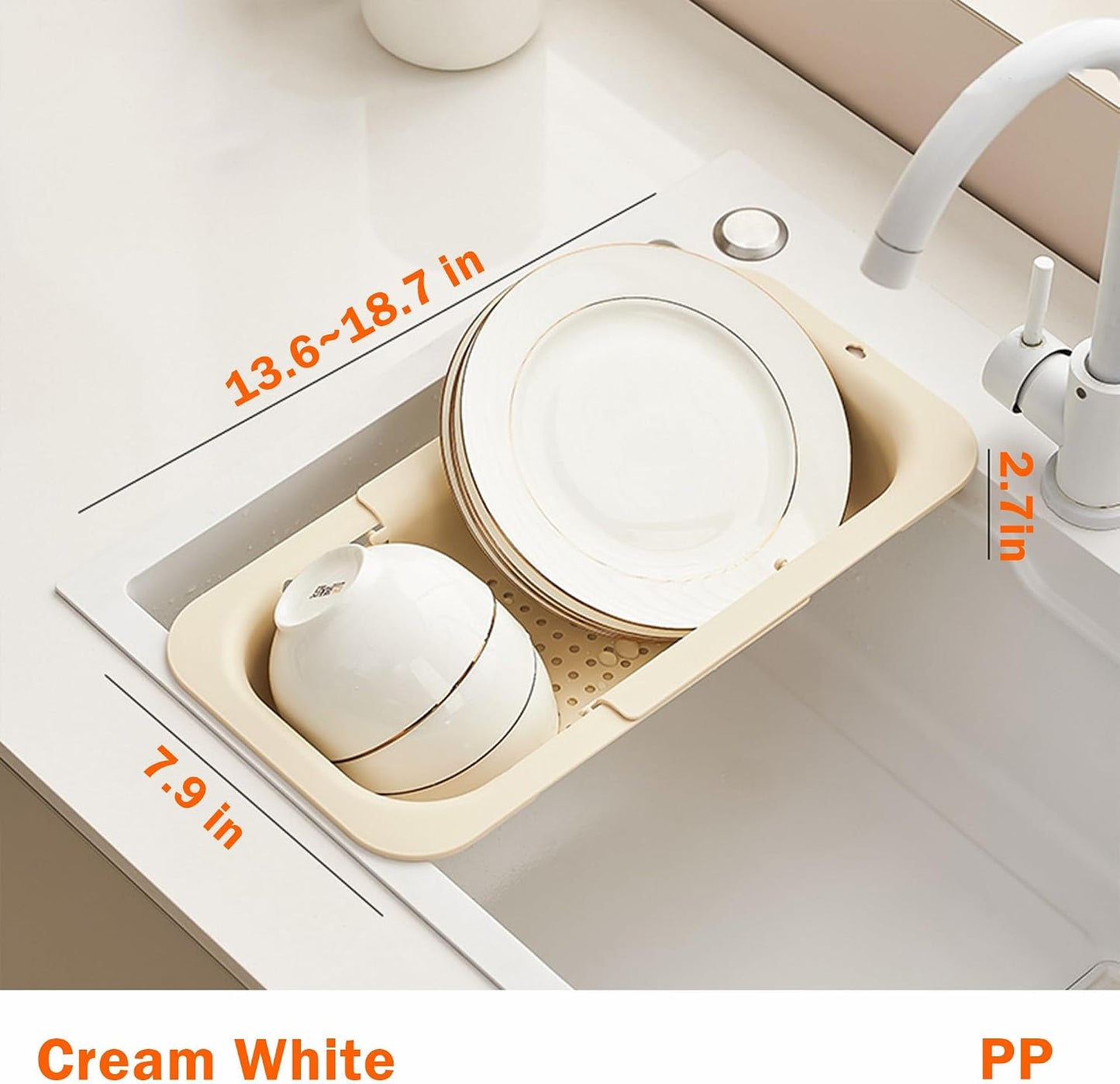 Collapsible Over the Sink Colander Strainer Basket, Plastic Fruit Vegetable Strainer Drainer Basket for Kitchen (1, Cream White)