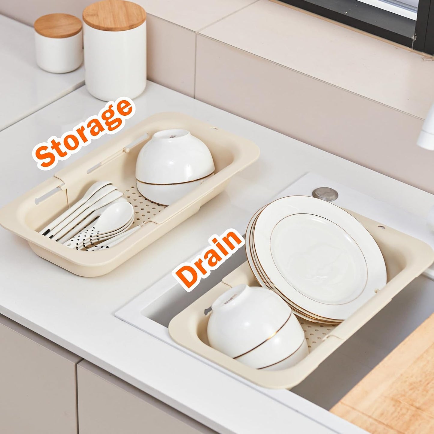 Collapsible Over the Sink Colander Strainer Basket, Plastic Fruit Vegetable Strainer Drainer Basket for Kitchen (1, Cream White)