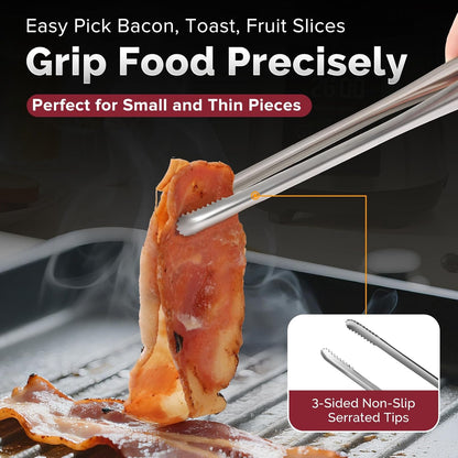 Precise Serrated Non-Slip Tips Cooking Tongs 2 Set (11.5" & 13.5") | Durable 18/8 Stainless Steel Metal Tweezers Tongs, Lightweight Easy Control for Frying, Plating, BBQ, Easy to Care & Clean