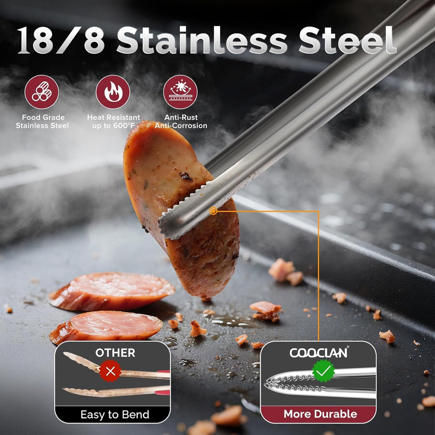 Precise Serrated Non-Slip Tips Cooking Tongs 2 Set (11.5" & 13.5") | Durable 18/8 Stainless Steel Metal Tweezers Tongs, Lightweight Easy Control for Frying, Plating, BBQ, Easy to Care & Clean