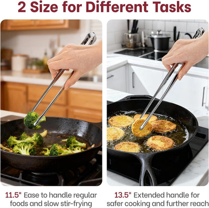Precise Serrated Non-Slip Tips Cooking Tongs 2 Set (11.5" & 13.5") | Durable 18/8 Stainless Steel Metal Tweezers Tongs, Lightweight Easy Control for Frying, Plating, BBQ, Easy to Care & Clean