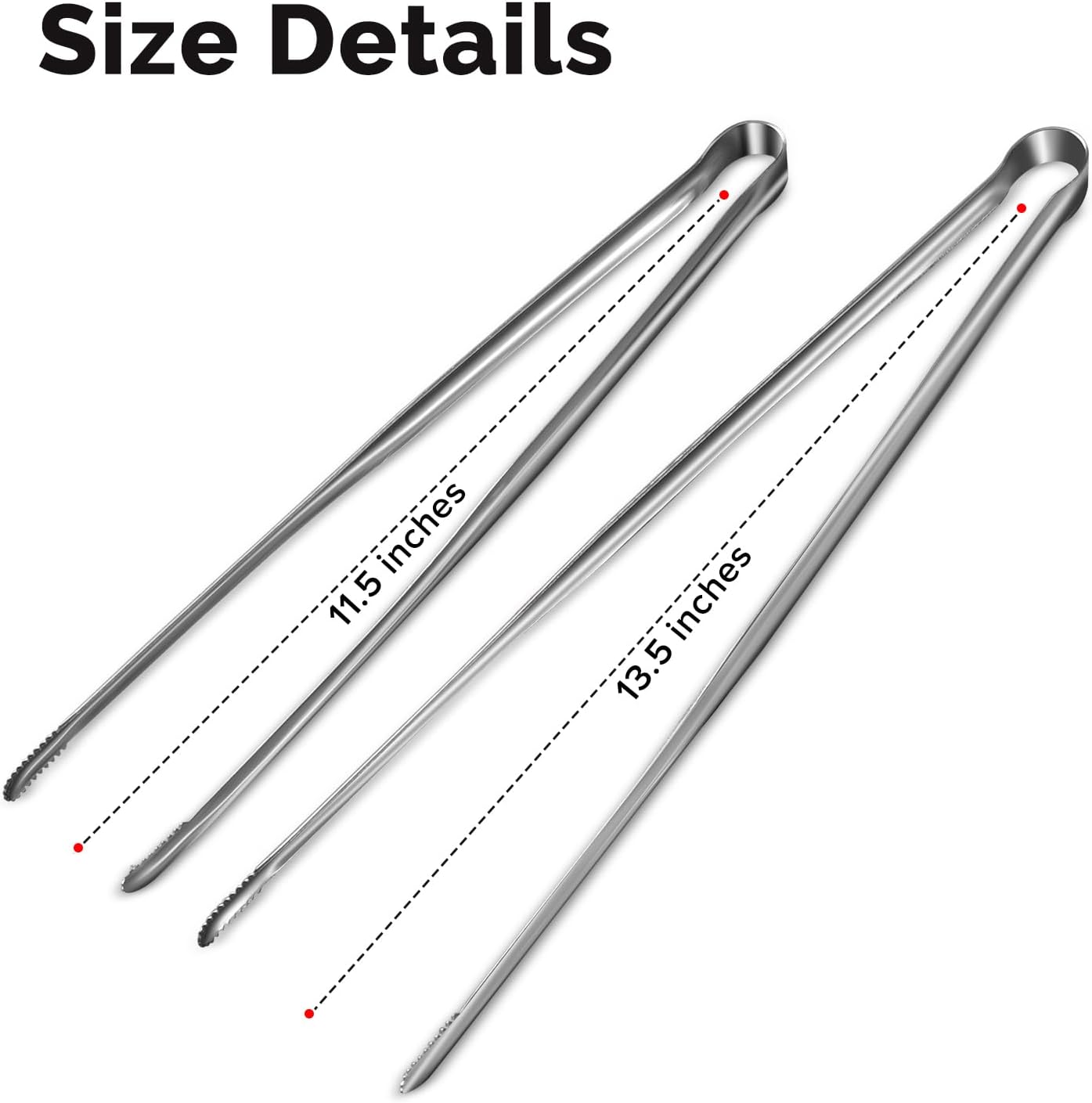 Precise Serrated Non-Slip Tips Cooking Tongs 2 Set (11.5" & 13.5") | Durable 18/8 Stainless Steel Metal Tweezers Tongs, Lightweight Easy Control for Frying, Plating, BBQ, Easy to Care & Clean