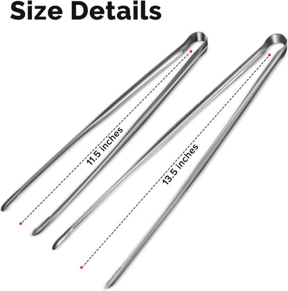 Precise Serrated Non-Slip Tips Cooking Tongs 2 Set (11.5" & 13.5") | Durable 18/8 Stainless Steel Metal Tweezers Tongs, Lightweight Easy Control for Frying, Plating, BBQ, Easy to Care & Clean