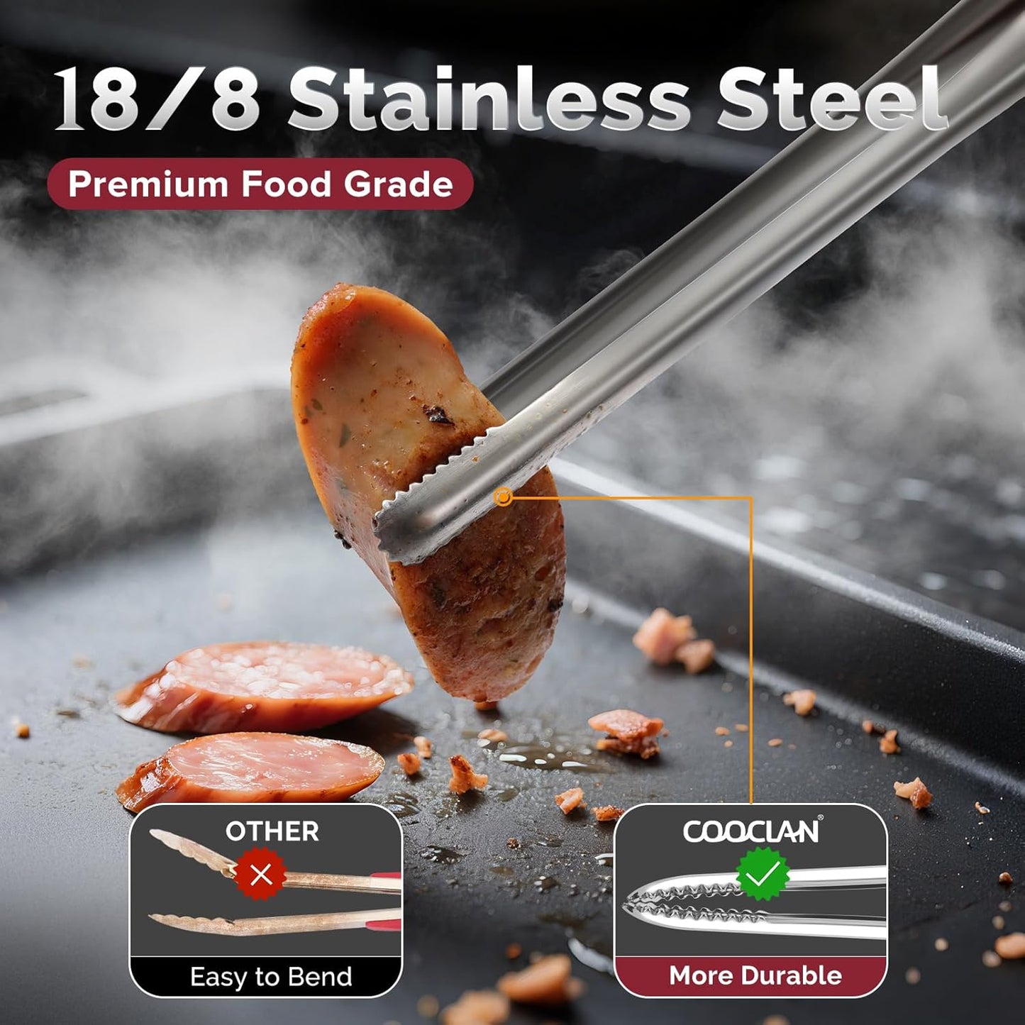 Precise Serrated Non-Slip Tips Cooking Tongs 2 Set (11.5" & 13.5") | Durable 18/8 Stainless Steel Metal Tweezers Tongs, Lightweight Easy Control for Frying, Plating, BBQ, Easy to Care & Clean