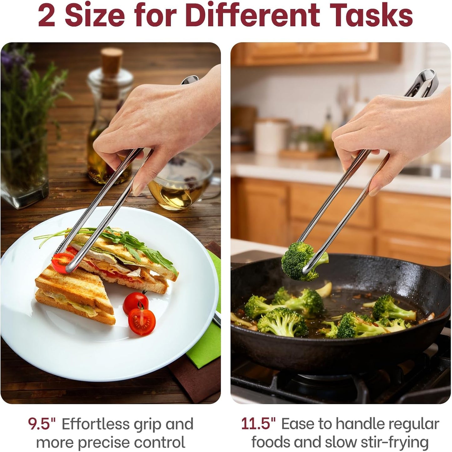 Precise Serrated Non-Slip Tips Cooking Tongs 2 Set (11.5" & 13.5") | Durable 18/8 Stainless Steel Metal Tweezers Tongs, Lightweight Easy Control for Frying, Plating, BBQ, Easy to Care & Clean